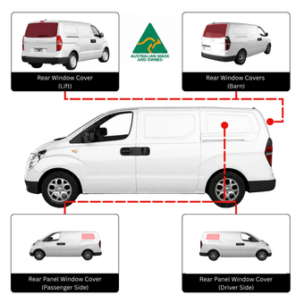 A white van on a light gray background with inset vehicle views showing rear window covers and rear panel window covers, connected by red dashed lines to indicate fitment areas. A green Australian Made and Owned logo appears above.