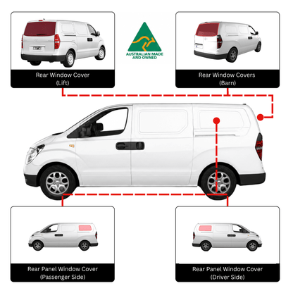 A white van on a light gray background with inset vehicle views showing rear window covers and rear panel window covers, connected by red dashed lines to indicate fitment areas. A green Australian Made and Owned logo appears above.