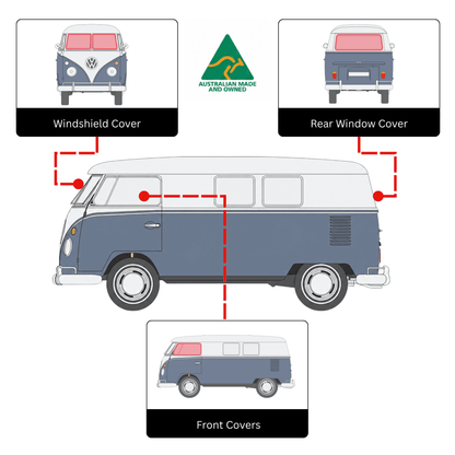 A diagram showing a blue and white vintage-style van with labeled insets for windshield cover, rear window cover, and front covers, plus an Australian Made and Unmade logo at the top center.