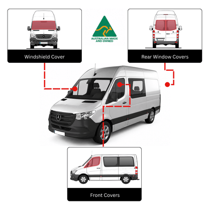 A product diagram showing a white van with red highlighted areas indicating included covers: windshield cover, rear window cover, and front cover. The image includes inset views of the van with the covers applied, red dashed lines connecting the van to the callouts, an Australian Made and Unvied logo, and labels on a white background.