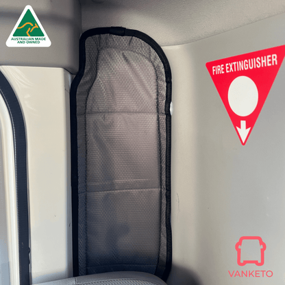 A gray mesh vehicle window shade with a black fabric border, shown installed inside a cab next to a window. The image includes a Vanketo logo in the bottom right corner and an Australian Made and Vefined badge in the top left.