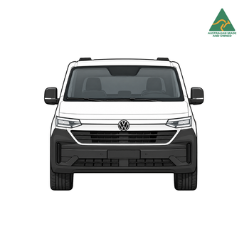 Front view of a white Volkswagen Transporter van with a black front bumper and grille, shown on a plain white background with an Australian Made and Tested logo in the top right corner.