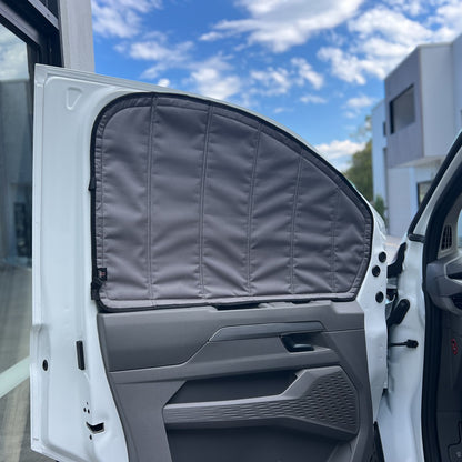 VW Transporter T7 front door window cover fitted, Vanketo Stealthy Shades