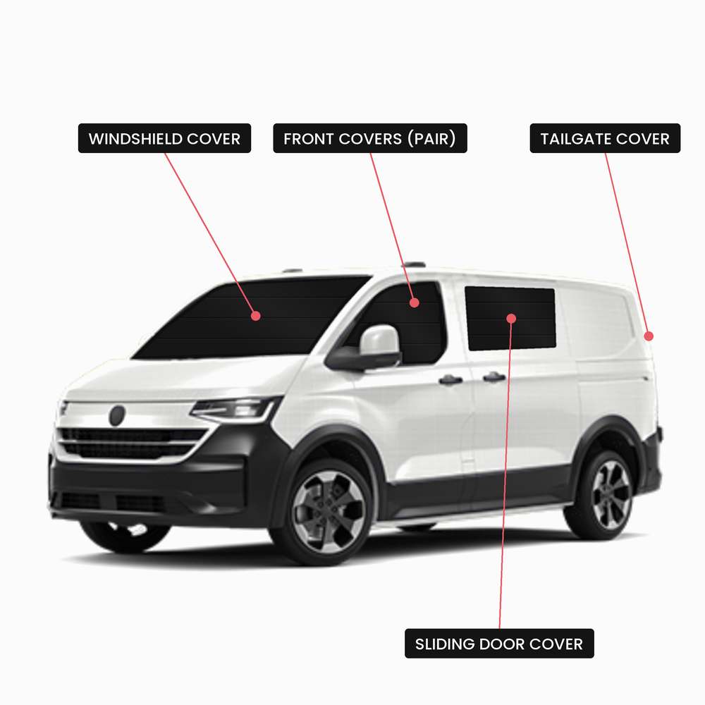 VW Transporter T7 Full Set window covers diagram: windshield, front covers (pair), sliding door and tailgate covers, Vanketo