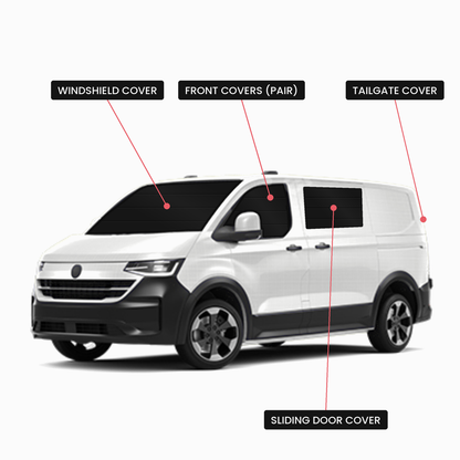 VW Transporter T7 Full Set window covers diagram: windshield, front covers (pair), sliding door and tailgate covers, Vanketo
