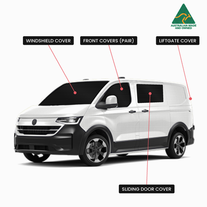 VW Transporter T7 Full Set window covers diagram: windshield, front covers (pair), sliding door and liftgate covers, Vanketo, Australian made