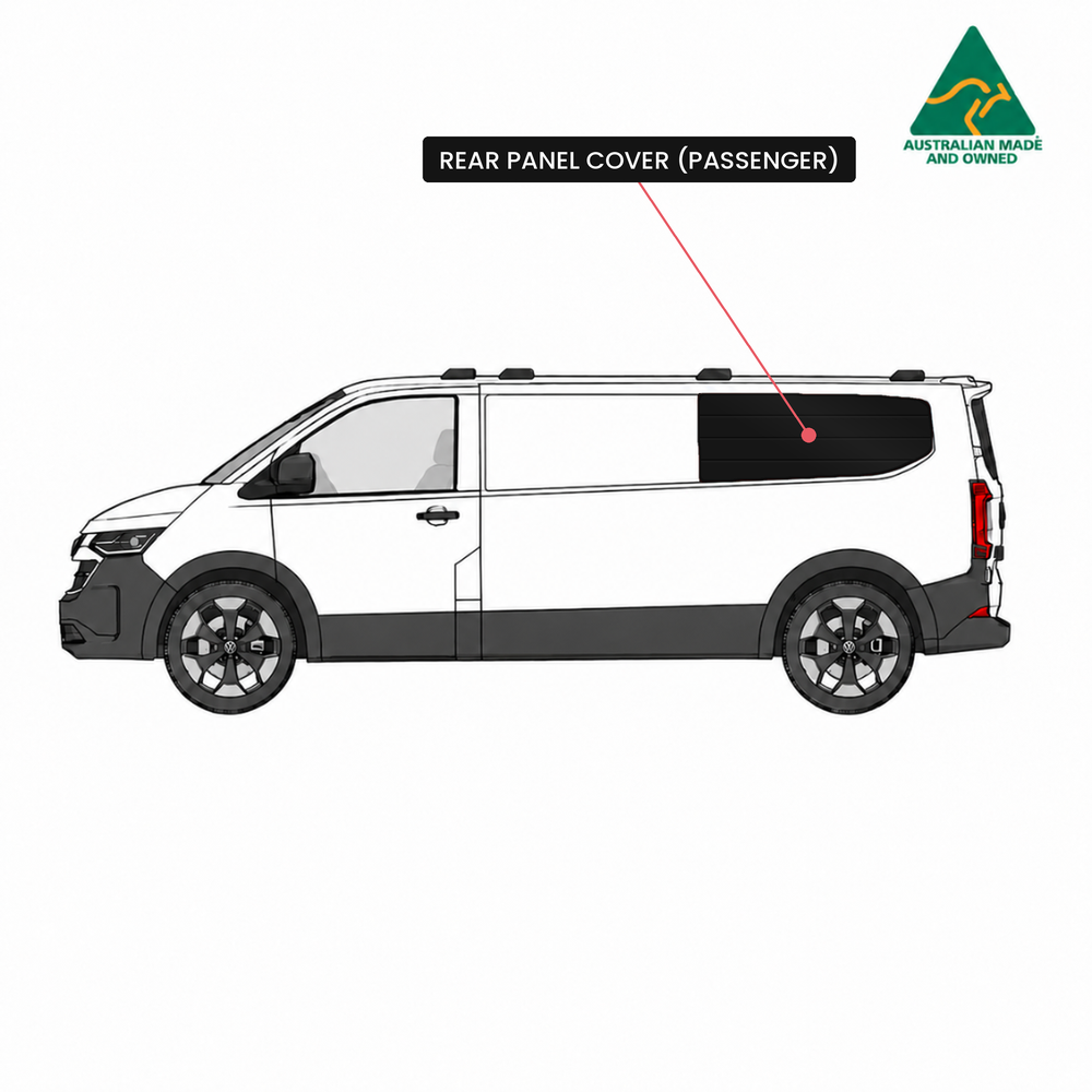 VW Transporter T7 passenger side rear panel cover diagram, Vanketo Stealthy Shades