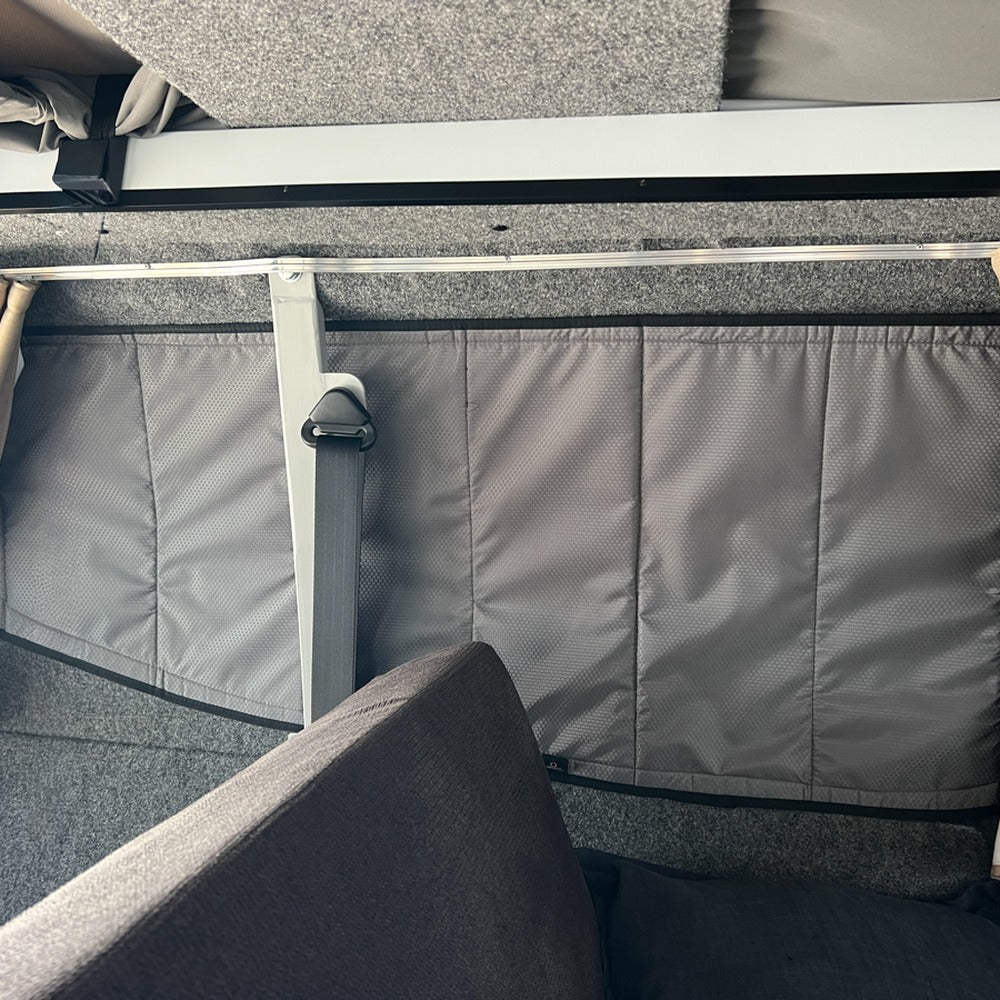 VW Transporter T7 passenger side rear panel window cover fitted inside, Vanketo