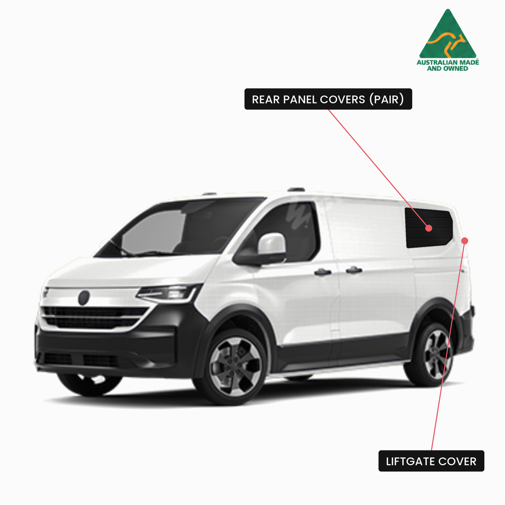 VW Transporter T7 Sleeping Set window covers diagram: rear panel covers (pair) and liftgate cover, Vanketo, Australian made