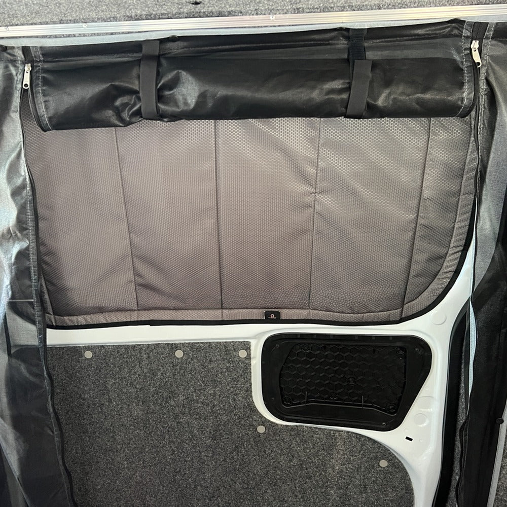 VW Transporter T7 driver side sliding door window cover fitted inside, Vanketo