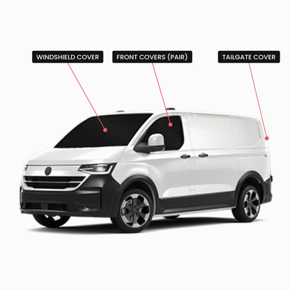 VW Transporter T7 Touring Set window covers diagram: windshield, front covers (pair) and tailgate cover, Vanketo