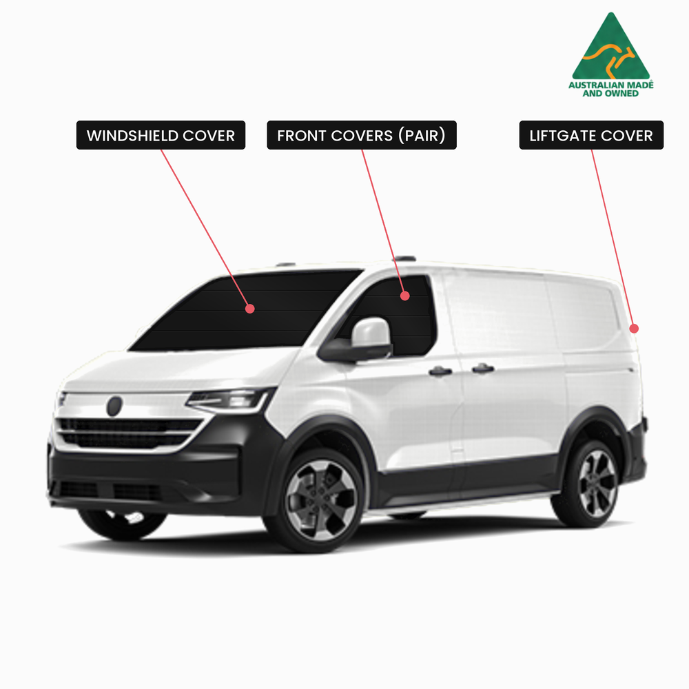 VW Transporter T7 Touring Set window covers diagram: windshield, front covers (pair) and liftgate cover, Vanketo, Australian made