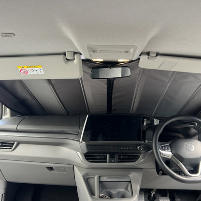 VW Transporter T7 windscreen cover fitted inside the cab, Vanketo Stealthy Shades